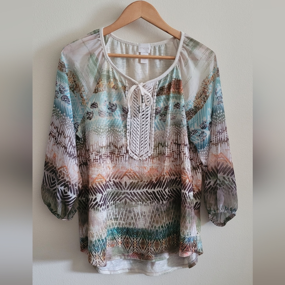 Chico's Blousy Cotton Lace Peasant Top, Women's L, Cream, Brown, Aqua